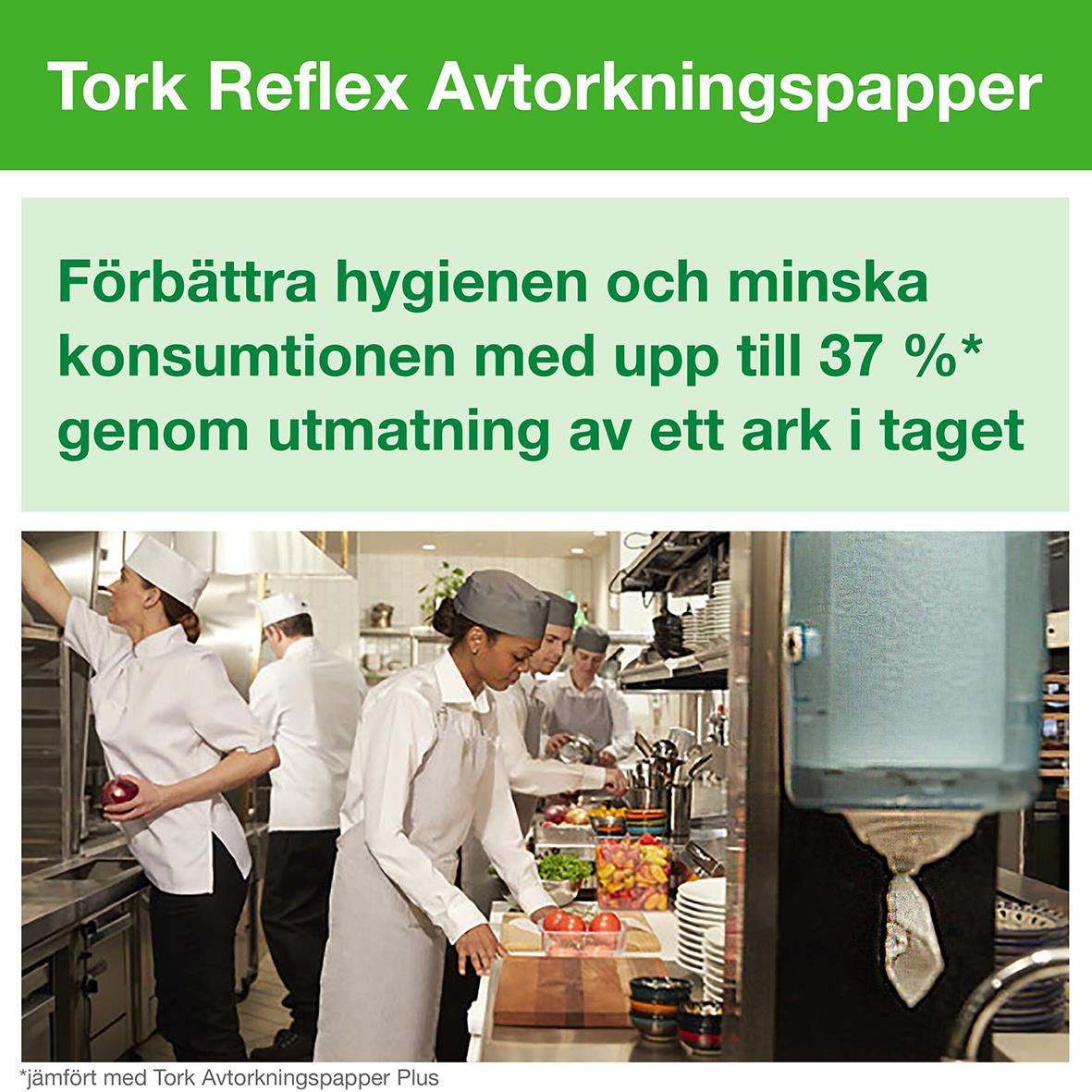 Torkreflex avkortningspapper för hygien, 198mmx300m, 1-lag, vitt, i kök med personal