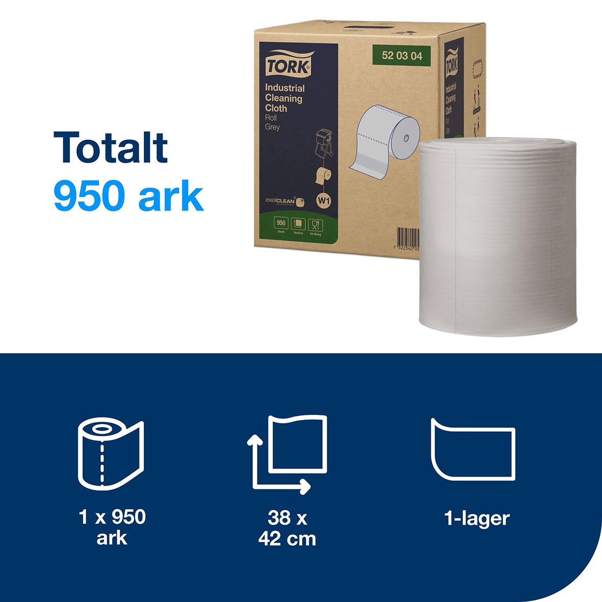 Industrirulle Tork W1 Flex 1-lg Grå 428mm x 361m, 950 ark, 38x42 cm, för industriell rengöring