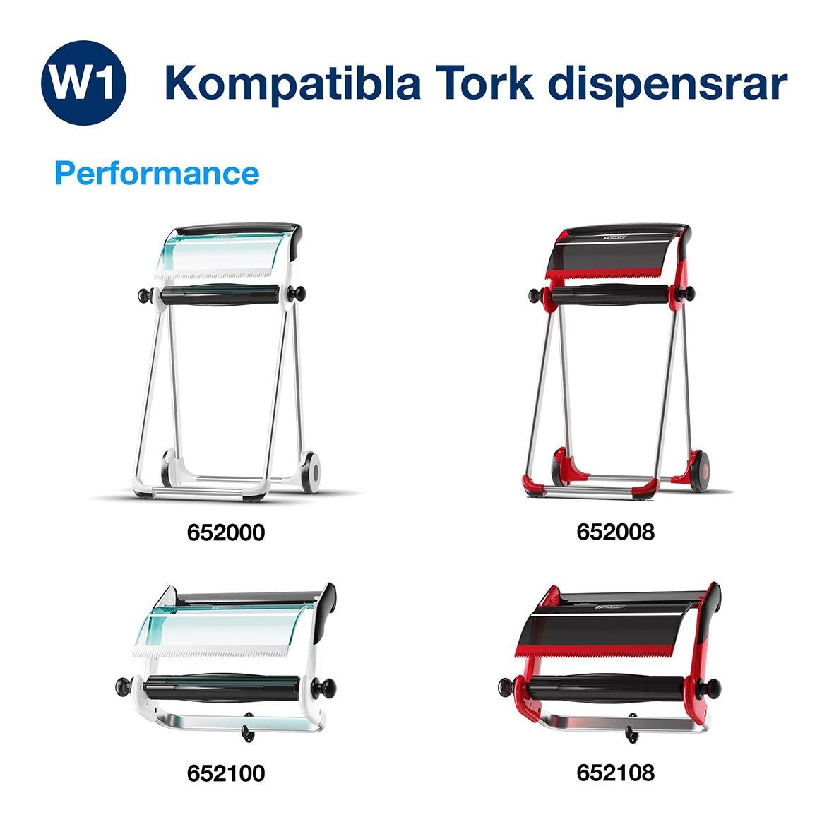 Industrirulle Tork W1 Flex 1-lg Grå och röd, kompatibel med Tork dispenser, visar fyra olika modeller