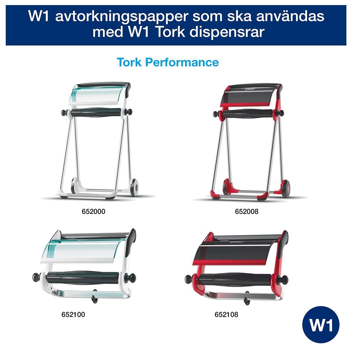 Industrirulle Tork W1 Avtork Plus 2-lagers, 369mm x 510m, för W1 Tork dispensrar, fyra olika modeller i bild