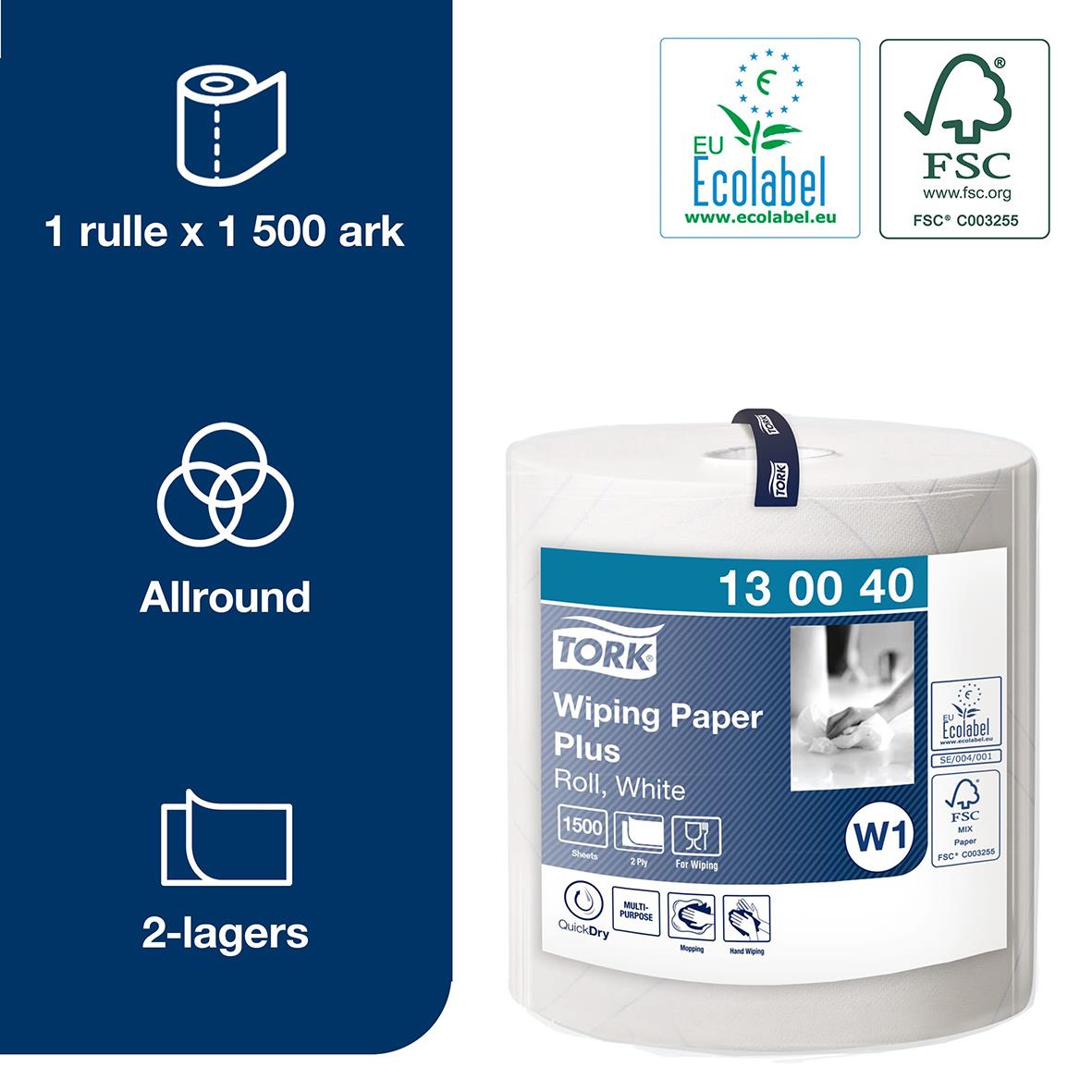 Industrirulle Tork W1 Avtork Plus 369mm x 510m, vit, 2-lagers, allround, FSC och EU Ecolabel