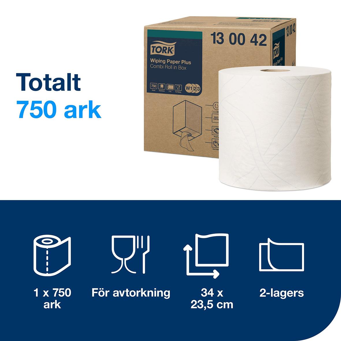 Tork W1/2/3 Plus 2-lagers vit torkrulle, 258mm x 255m, 750 ark