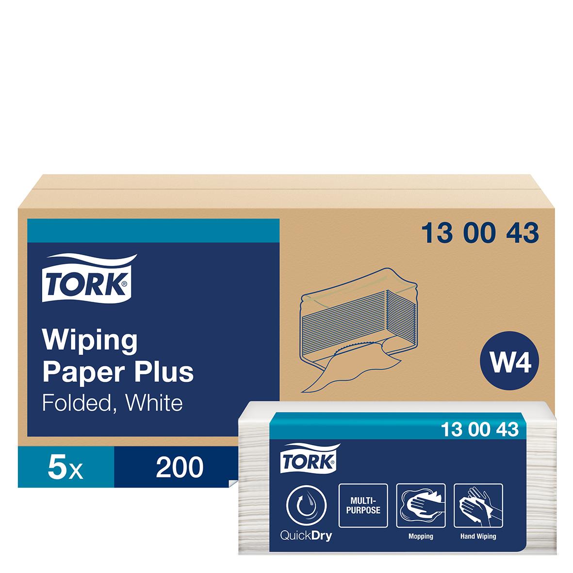 Förpackning med Tork W4 Plus vita vikta pappershanddukar 32,4x38,5cm, 5-pack, 200 blad