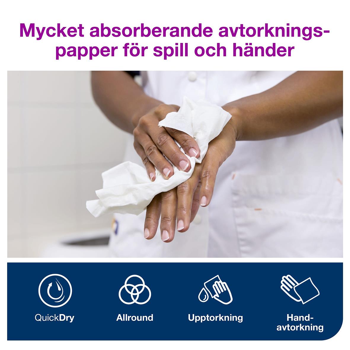 " torkar händer med vit Torkpapper Tork W4 Plus, 32,4x38,5cm, för spill och händer, visar användning av absorberande avfallspapper"