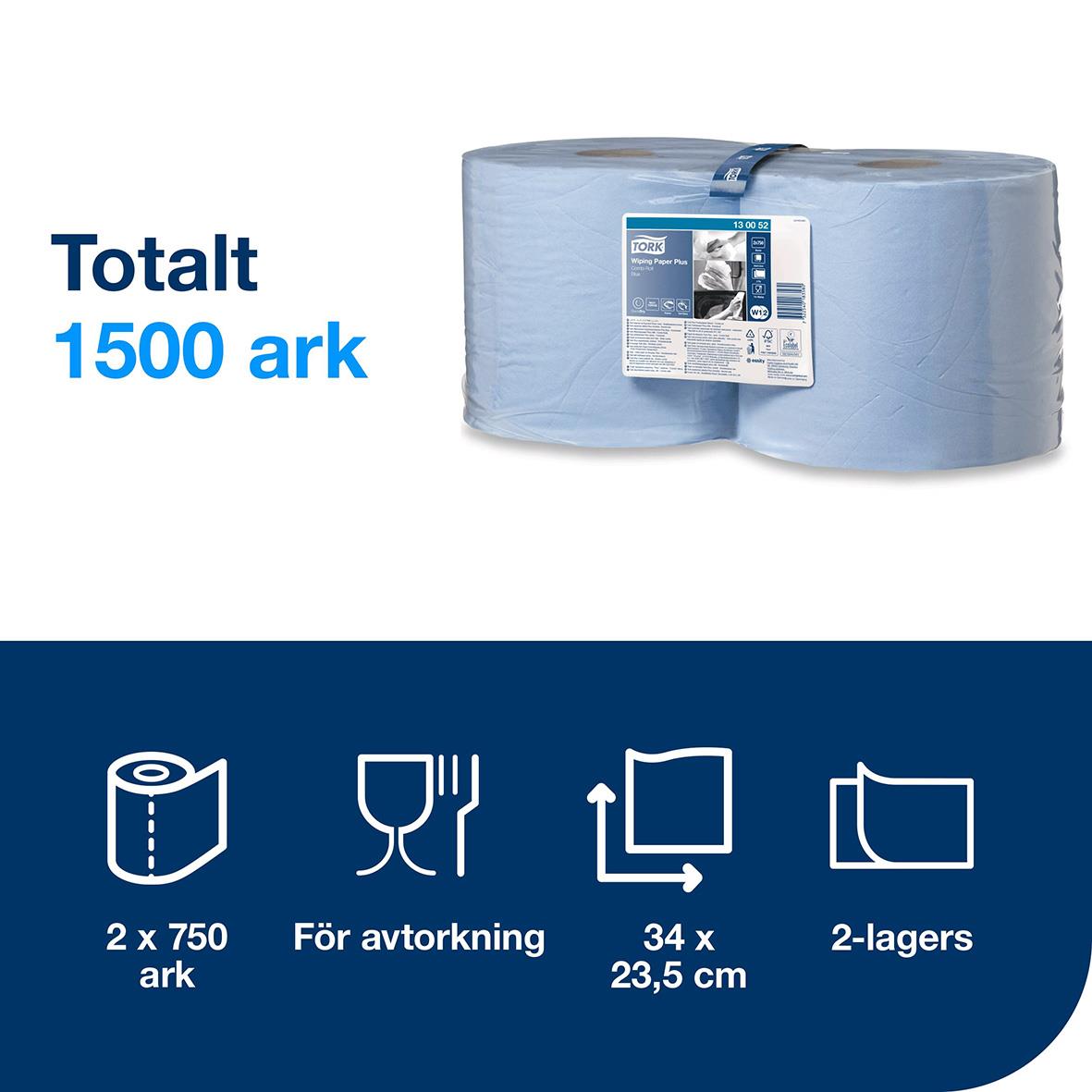 Blå torkrulle Tork W1/W2 Plus 2-lag, 235mm x 255m, 1500 ark, för avtorkning