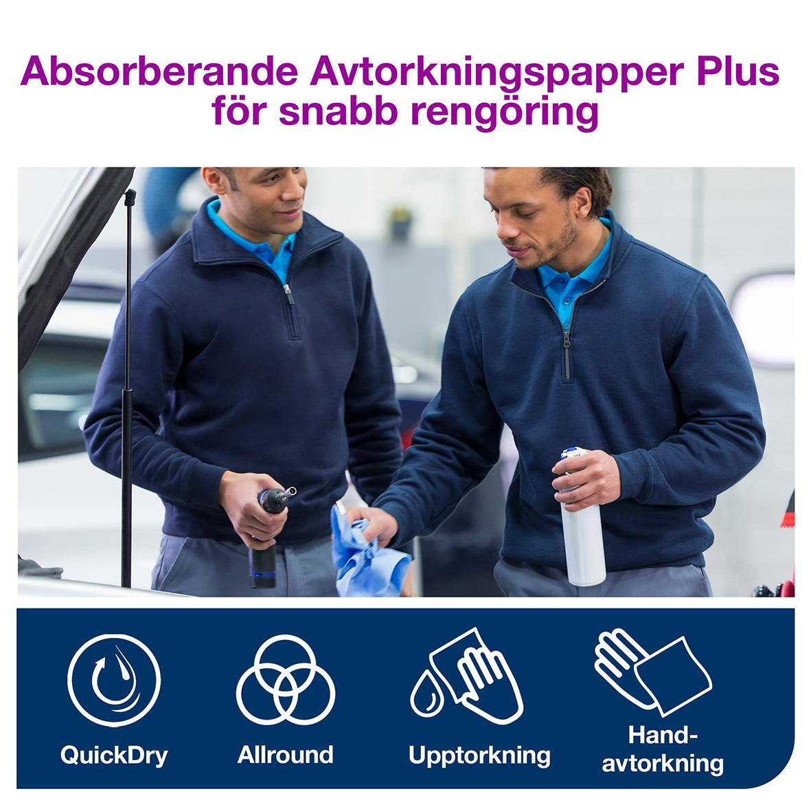 Två personer i arbetskläder använder absorberande avfärgningspapper för snabb rengöring, med ikoner för QuickDry, Allround, Upptorkning och Handavfärgningspappe