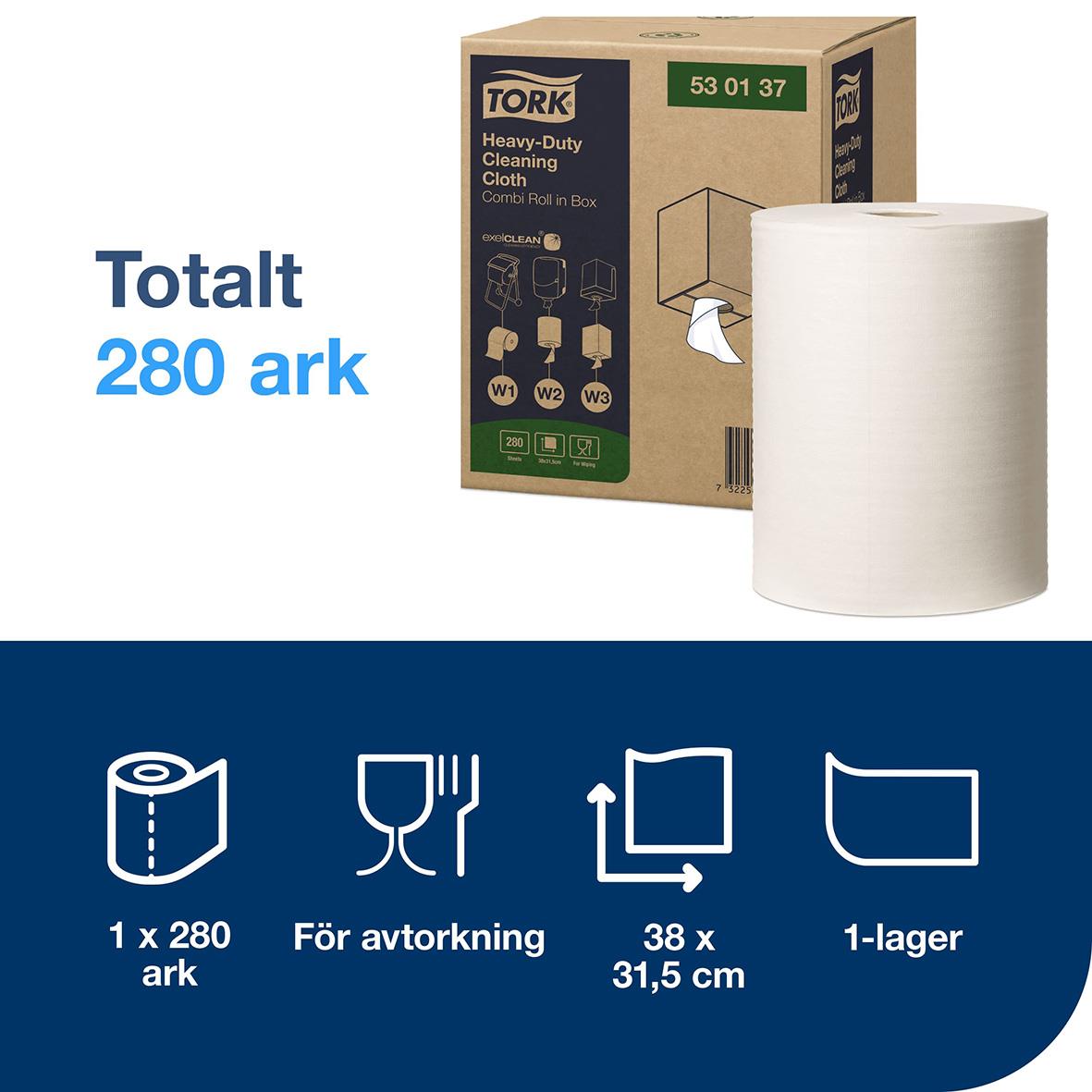 Tork kraftig 1-lag vit torkrulle 32cmx106m, för avtorkning, 280 ark, 38x31,5cm