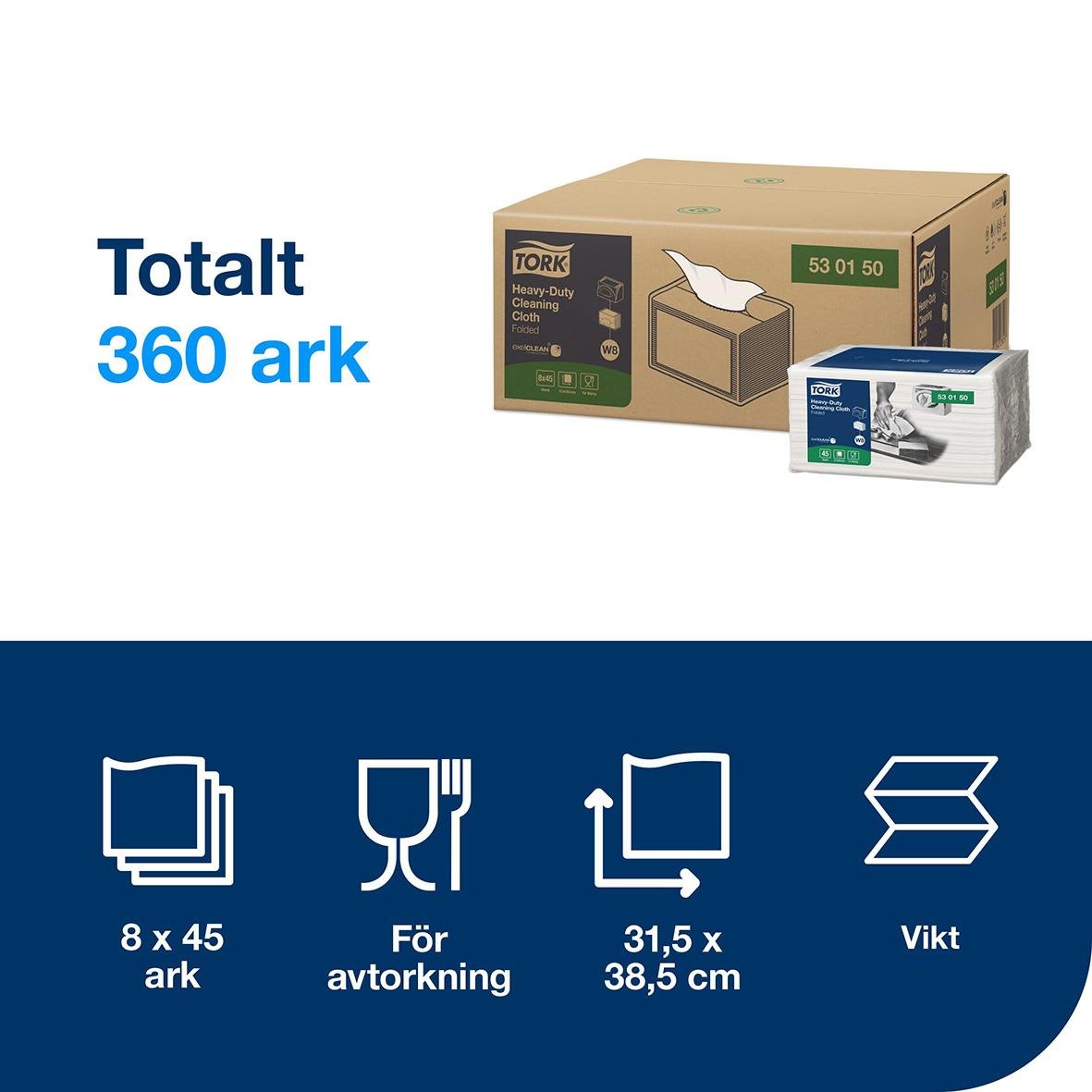 Rengöringsduk Tork W8 Kraftig Vit 31,5x38,5cm, 8x45 ark, för avtorkning, vikt