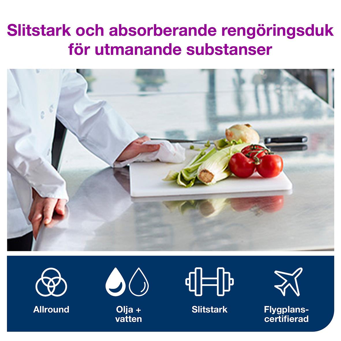 Rengöringsduk Tork W8 kraftig vit 31,5x38,5cm för utmanande substanser, slitstark, absorberande, flygplanscertifierad