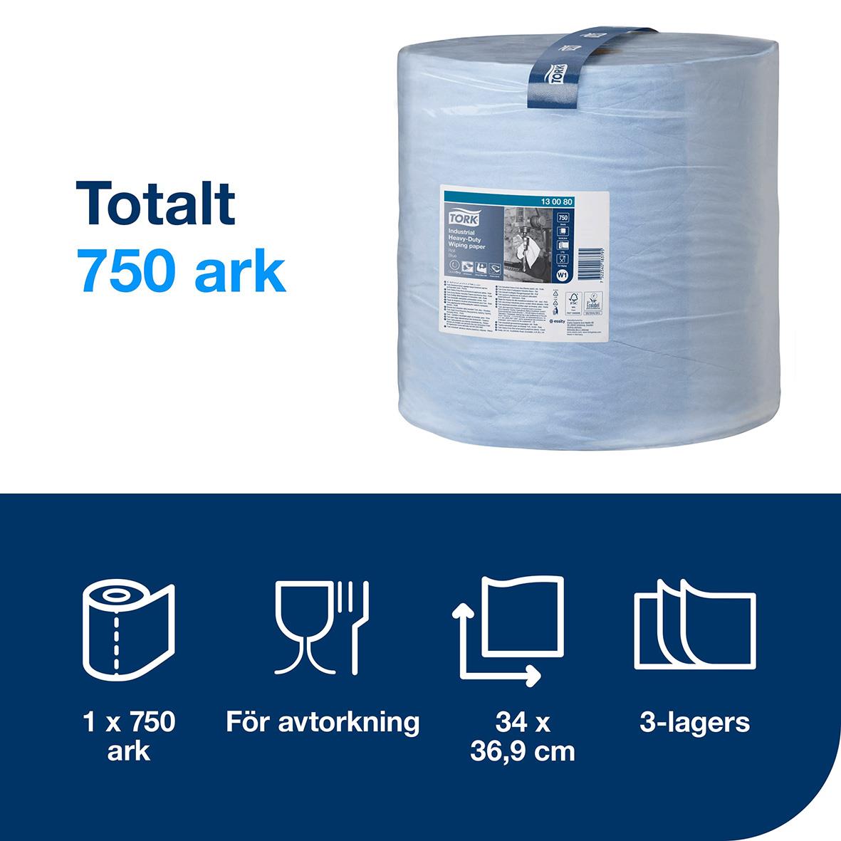 Blå industrirulle Tork W1 Avtork E-Kraft 369mm x 255m, 750 ark, 3-lagers, för avtorkning