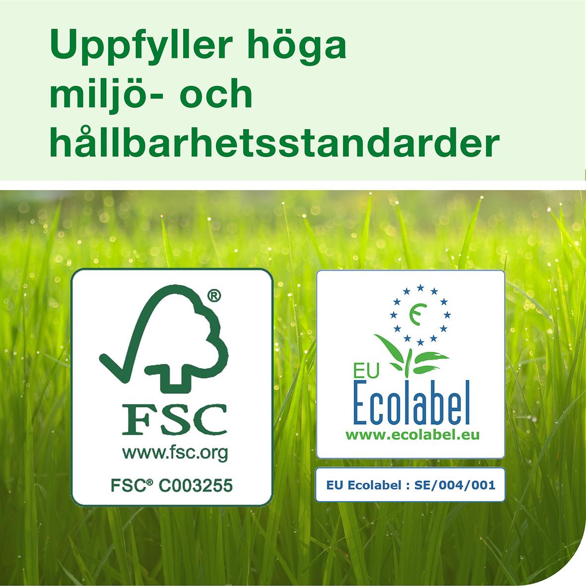 Gräs med text om miljö- och hållbarhetsstandarder samt FSC och EU Ecolabel logotyper