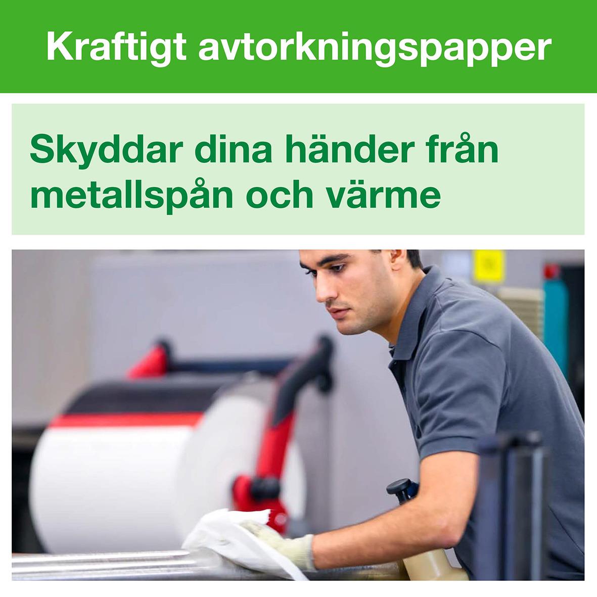 Bild på en man som använder kraftigt avtorkningspapper för att skydda händer från metallspån och värme