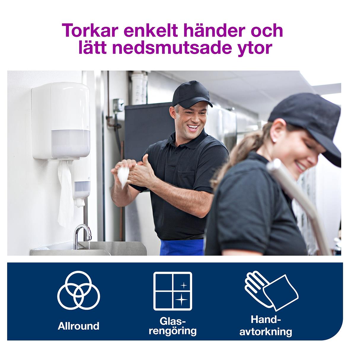 Två personer i kök eller kökspersonal använder Torkrulle Tork M2 Advanced 1-lag Vit 245mm x 250m, lätt att torka händer och ytor