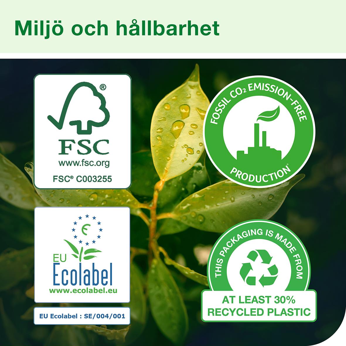 Miljövänlig och hållbar torkrulle FSC och EU Ecolabel märkning, tillverkad av minst 30% återvunnen plast