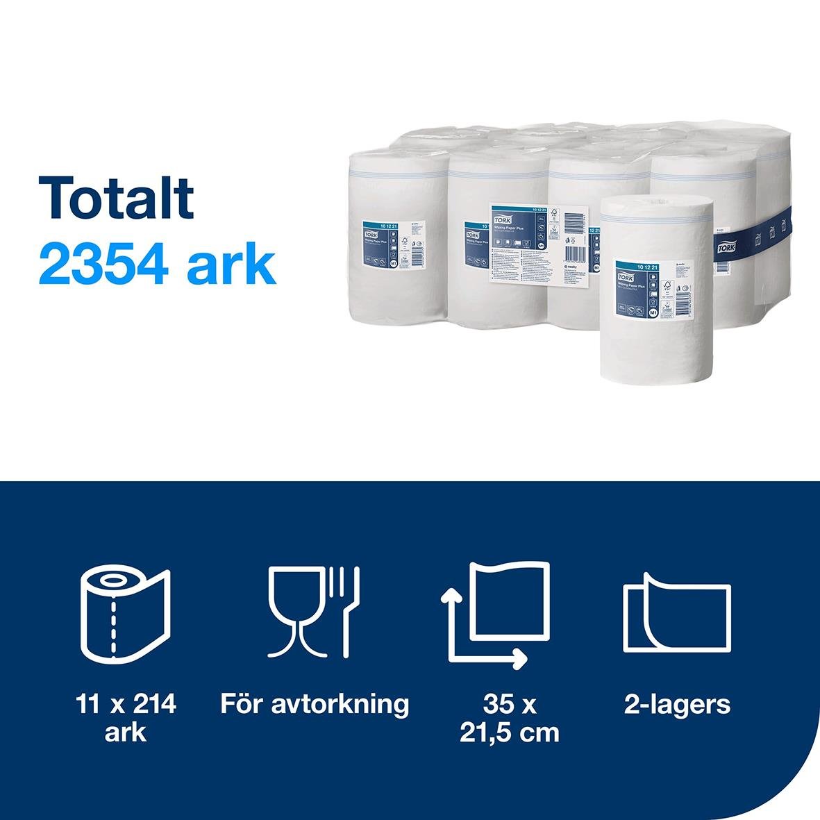 Tork M1 Advanced Plus 2-lagers vit torkrulle 215mmx75m för avtorkning, 11x214 ark, 35,5 cm bred