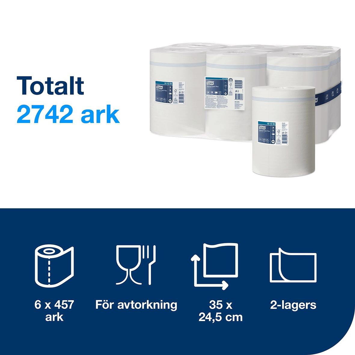 Torkrulle Tork M2 Advanced Plus 2-lag vit 245mmx160m, 6x457 ark, för avtorkning, 35x24,5 cm, 2-lagers