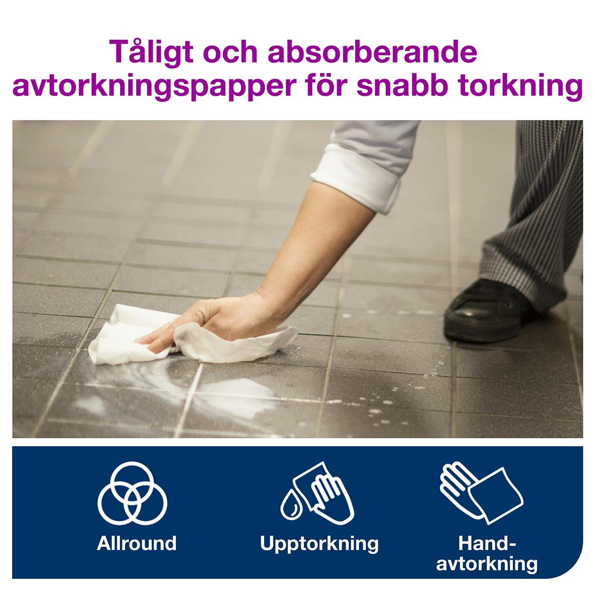 Person torkar golv med vit Torkrulle Tork M2 Advanced Plus 2-lag, 245mm x 160m, för snabb och absorberande avtorkning