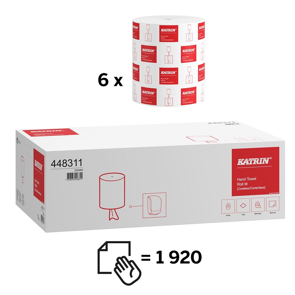 Katrin M 1-lags vit handtorkrulle i förpackning med 6 rullar, 205mm x 320m