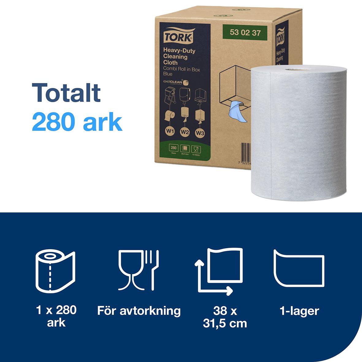 Industrirulle Tork W1/2/3 Kraft 1-lg Blå 320mm x 106m, för avtorkning, 280 ark, 38 x 31,5 cm, 1-lager