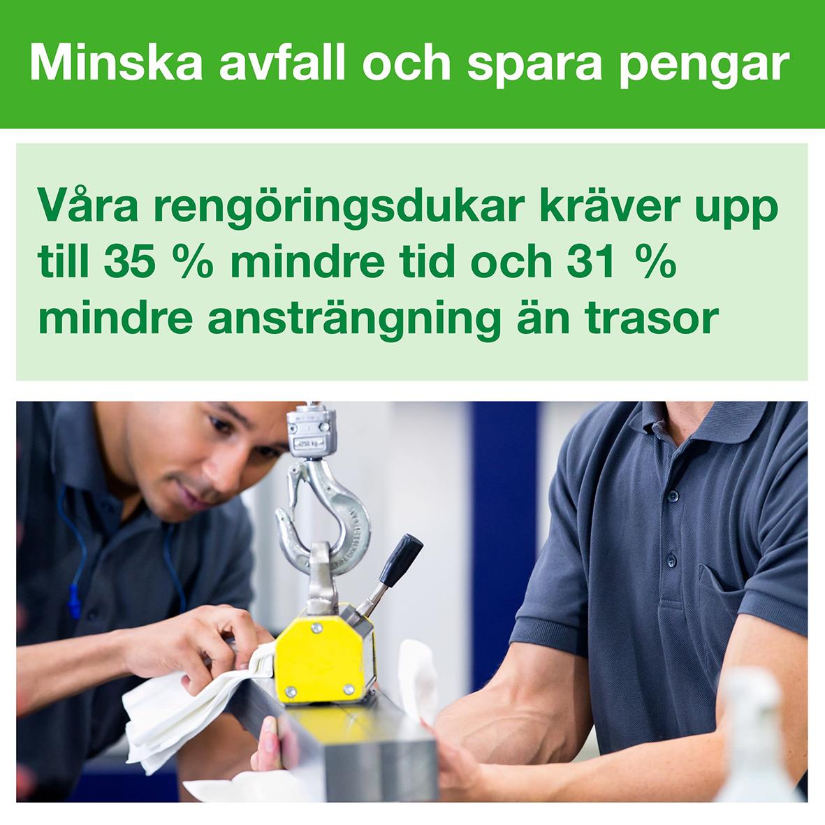 Två personer arbetar med rengöringsutrustning, text om att minska avfall och spara pengar, samt att rengöringsdurar kräver mindre tid och ansträngning