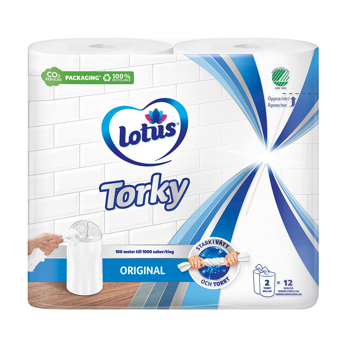 Vit Lotus Torky 1-lags torkrulle, 100m, förpackning med 12 rullar