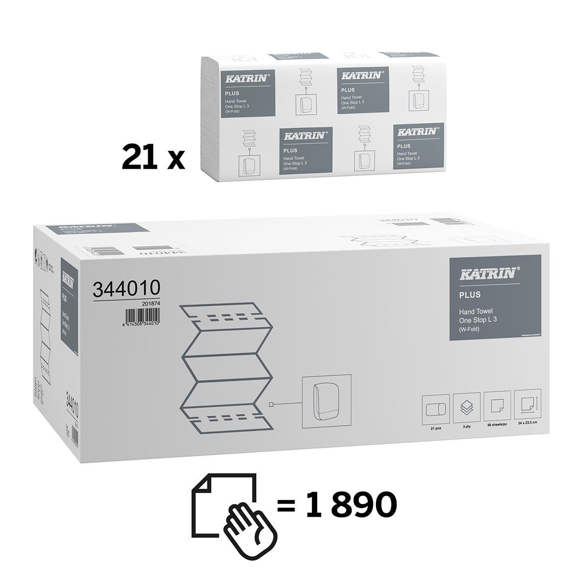 Förpackning med Katrin W-Fold L Plus pappershanddukar 235x340mm, 21 pack
