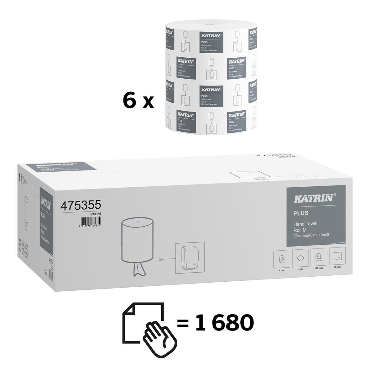 Katrin M Plus 1-lag vit handdukstorkrulle 205mmx280m, 6-pack