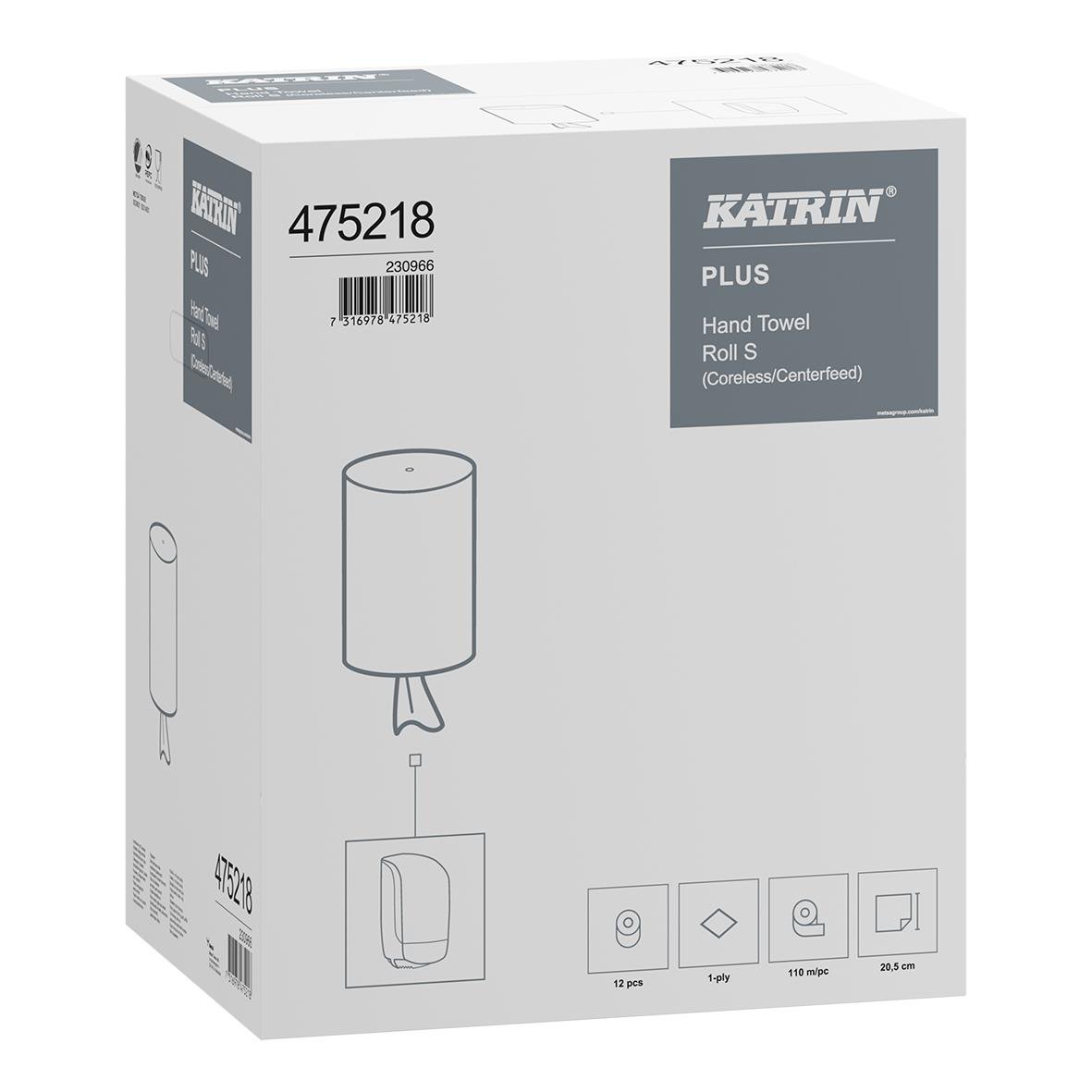 Vit Katrin S Plus 1-lags handdukstork av papper, 205mm x 110m, i förpackning