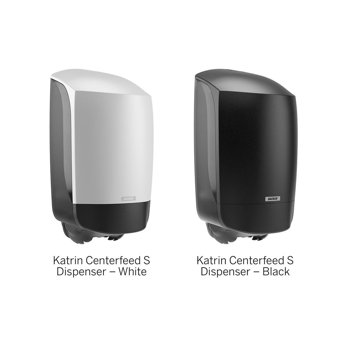 Två Katrin Centerfeed S-dispenser, vit och svart, för handdukar