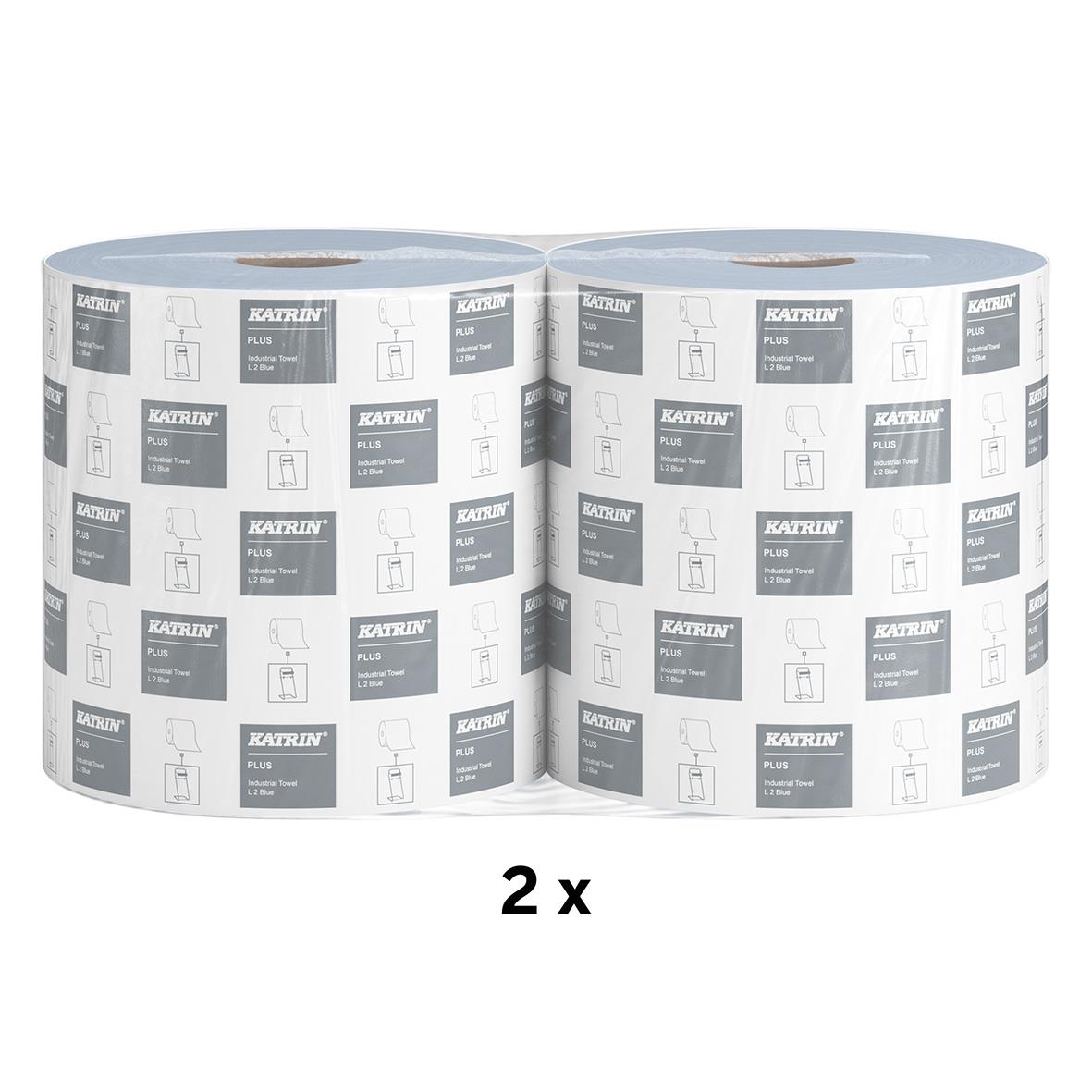 Två blå industrirullar Katrin XL Plus 2-lg, 260mm x 344m