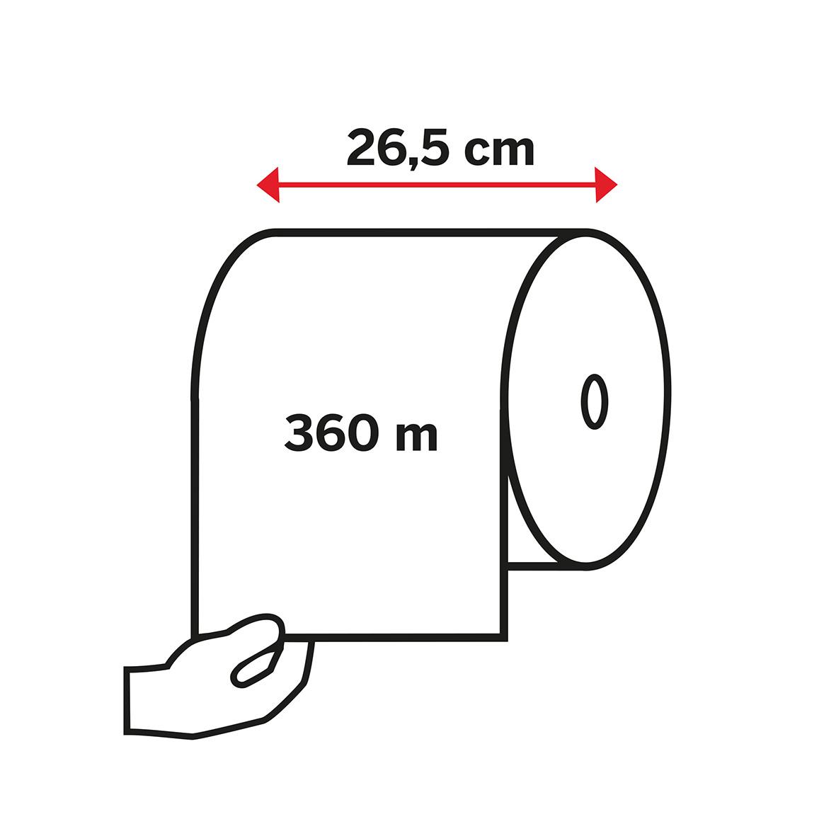Industrirulle Katrin XL Plus 2-lg, 265mm bred, 360m lång, illustration av rullen och mått