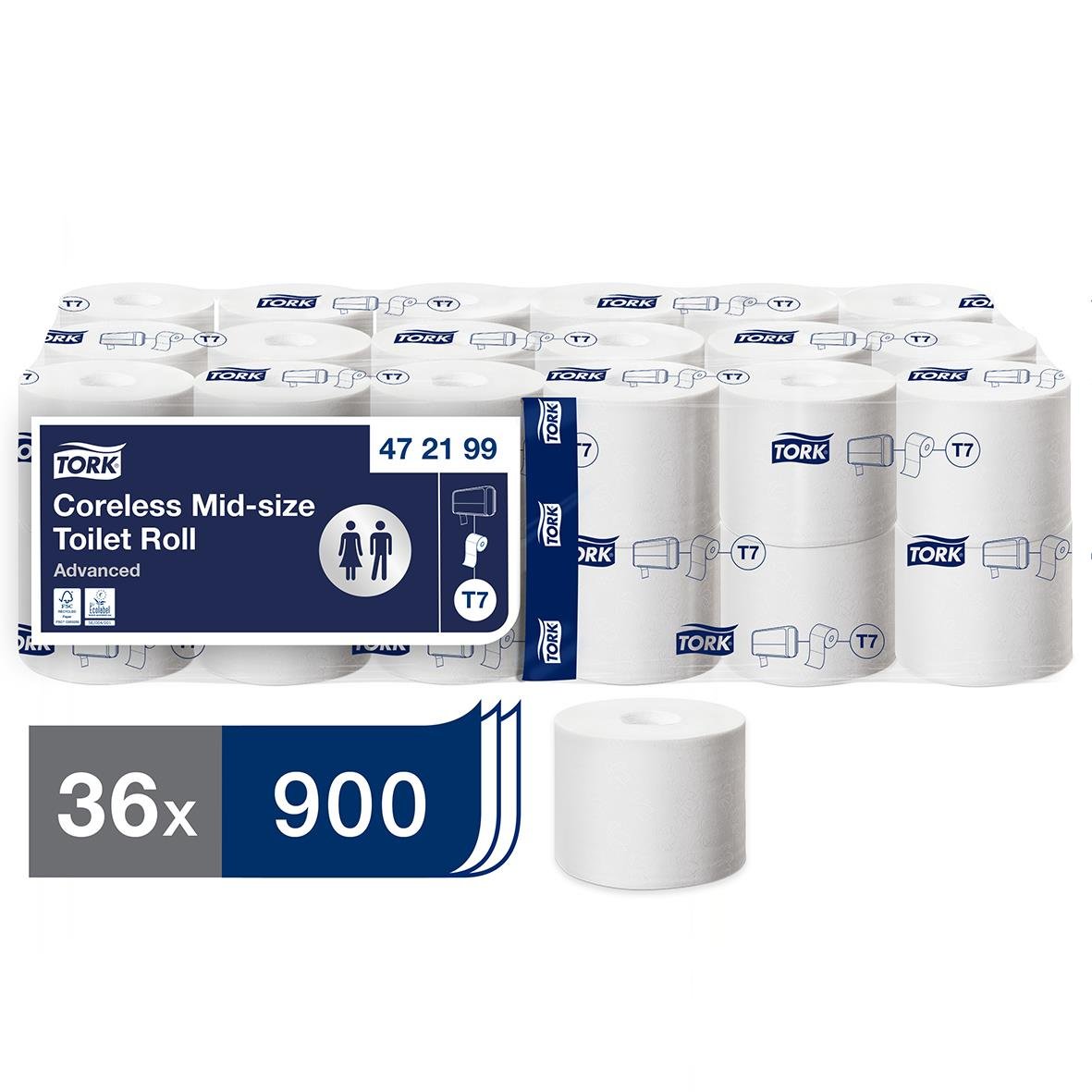 Toalettpapper Tork T7 Mid-size Adv 2-lg Vit 103,5m, 36 rullar, 900 ark