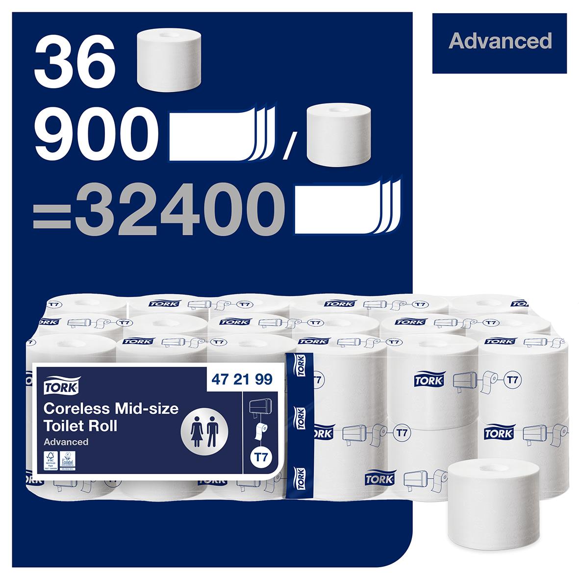 Toalettpapper Tork T7 Mid-size Adv 2-lg Vit 103,5m, 36 rullar, 900 ark per rulle, totalt 32400 ark