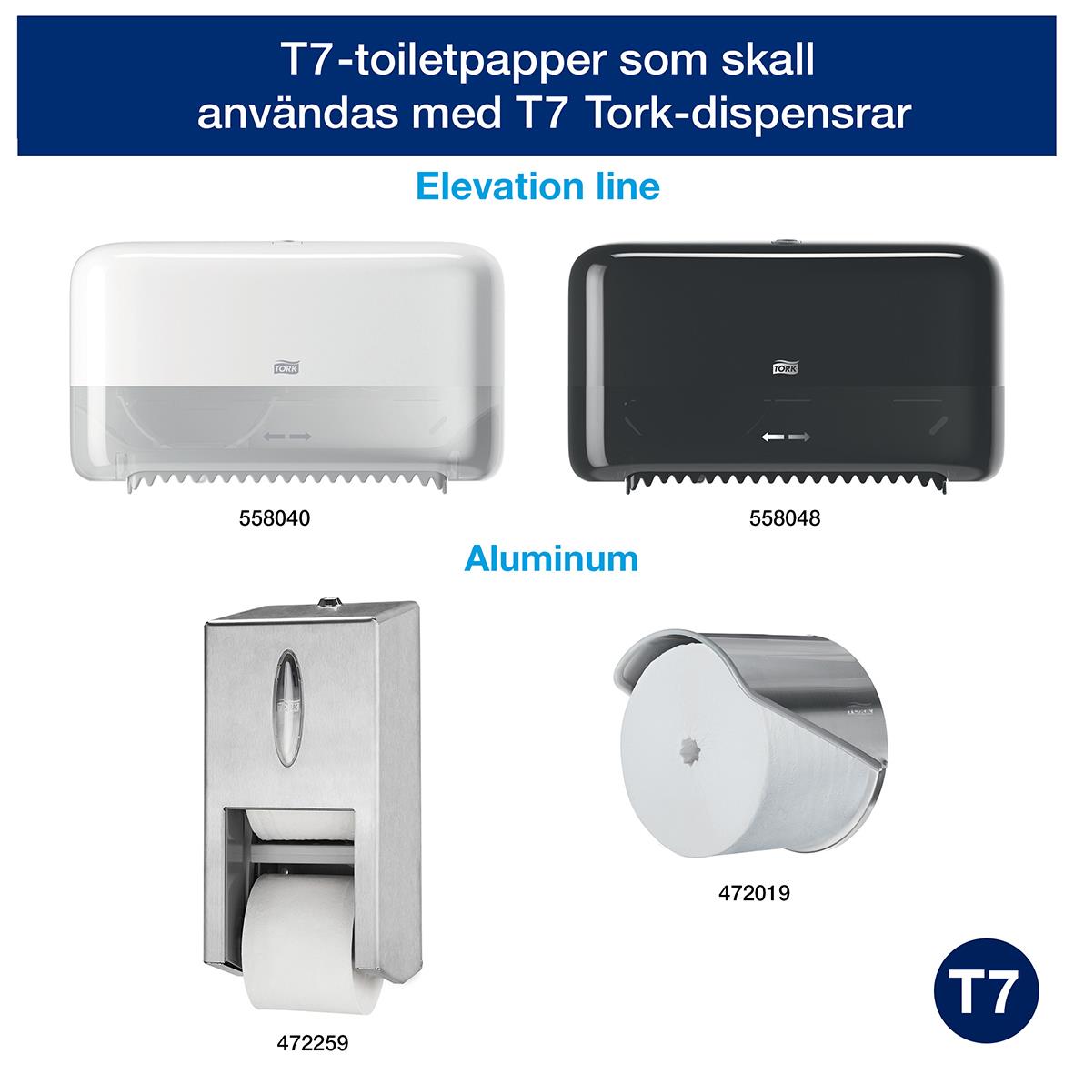 Tork T7 toalettpapper i vitt och svart, 103,5m, med dispenser och aluminiumhållare