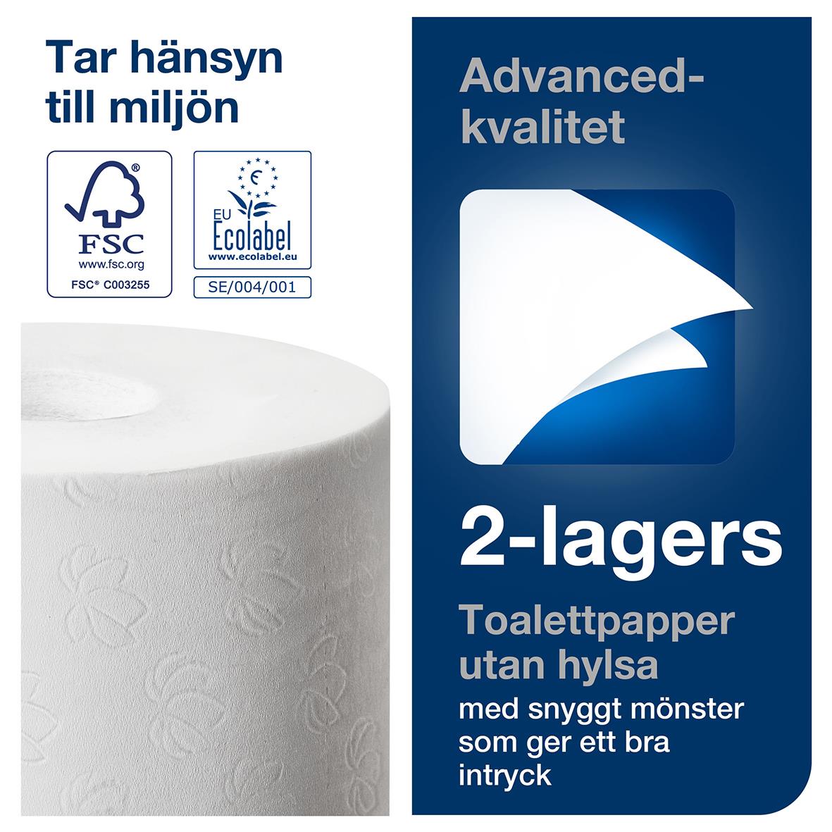 Toalettpapper Tork T7 Mid-size Adv 2-lg Vit 103,5m, utan hylla, med snyggt mönster