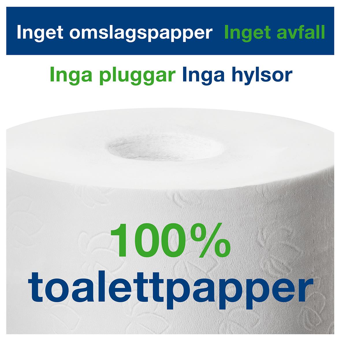 Vit toalettpapper Tork T7 Mid-size Adv 2-lg, 103,5m, utan omslag, inga pluggar eller hyllor