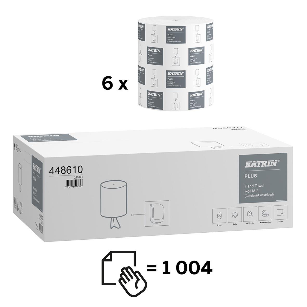 Katrin M Plus 2-lag vit torkrulle 230mmx167m, 6-pack samt handdukshållare i förpackning