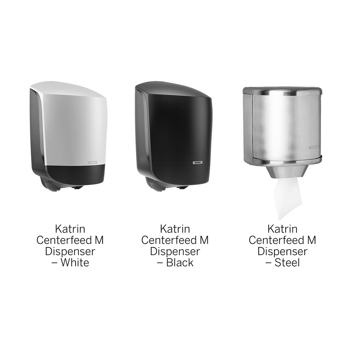 Torkrulle Katrin M Plus 2-lag vit 230mmx167m i dispenser i vitt, svart och stål