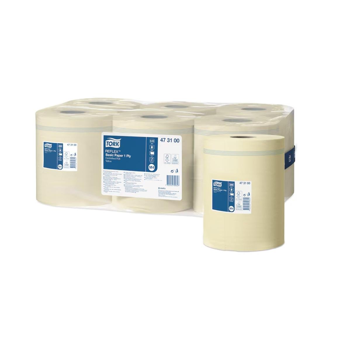 Tork reflexbaserad 1-lags gul torkrulle 205mmx300m i pack med flera rullar