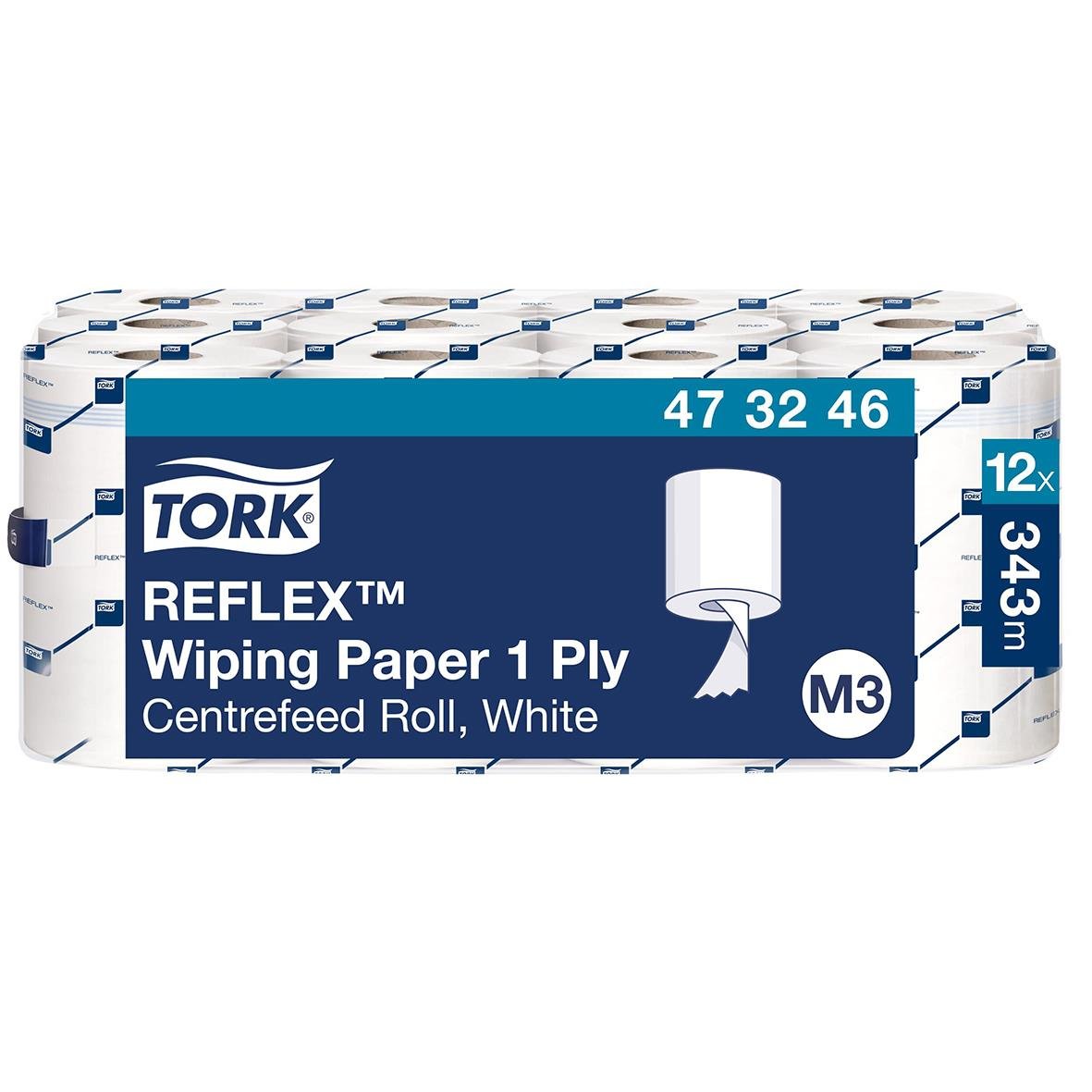 Vit centrerad rulle med Tork Reflex Wiping Paper 1 Ply, 198mm x 120m, 12-pack