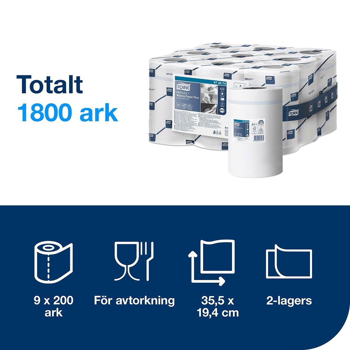 Torkrulle Tork M3 Reflex Advanced 2-lag vit, 194mm x 67m, 1800 ark, 9 x 200 ark, för avtorkning, 2-lagers