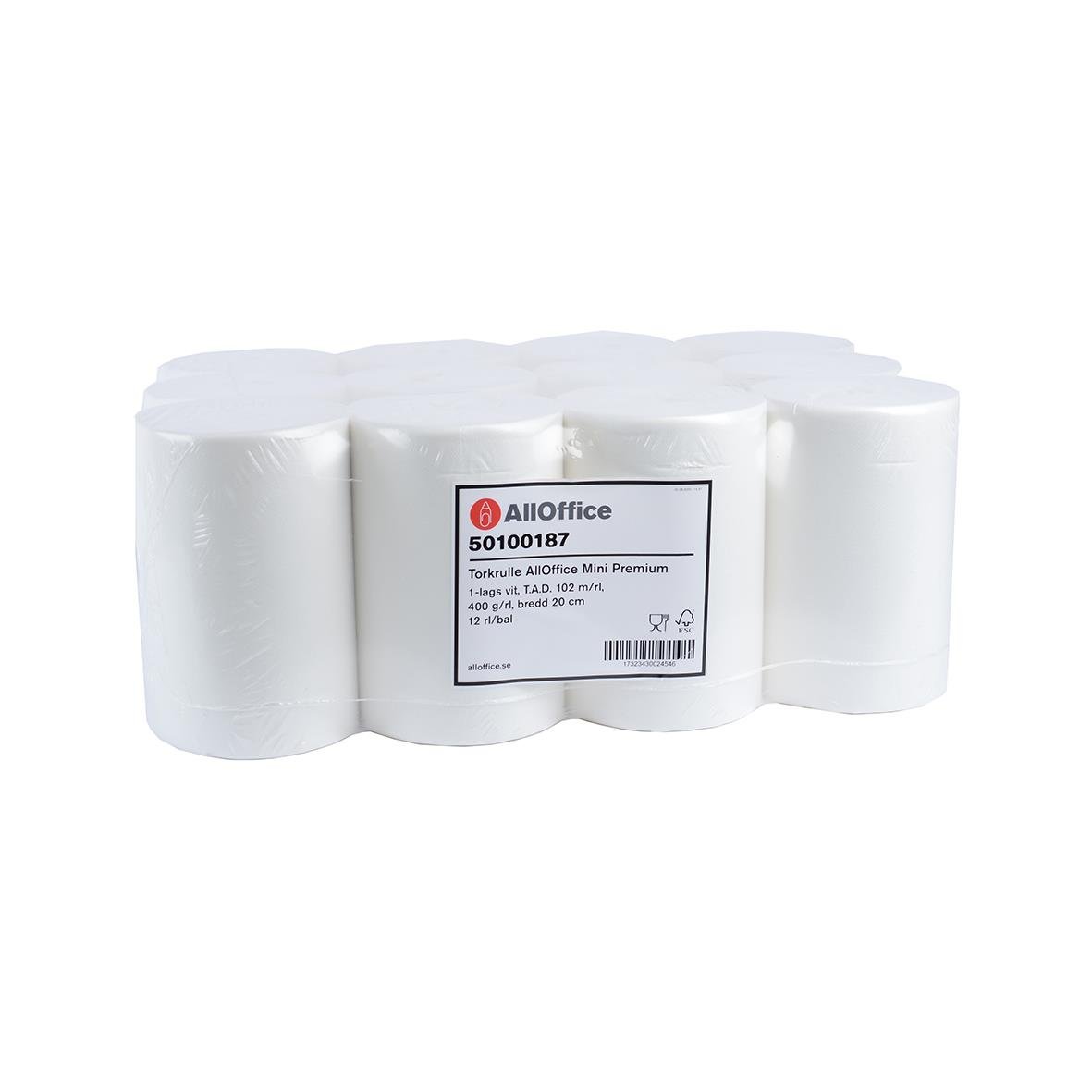 Vit torkrulle AllOffice Mini Premium 200mmx102m på vit förpackning