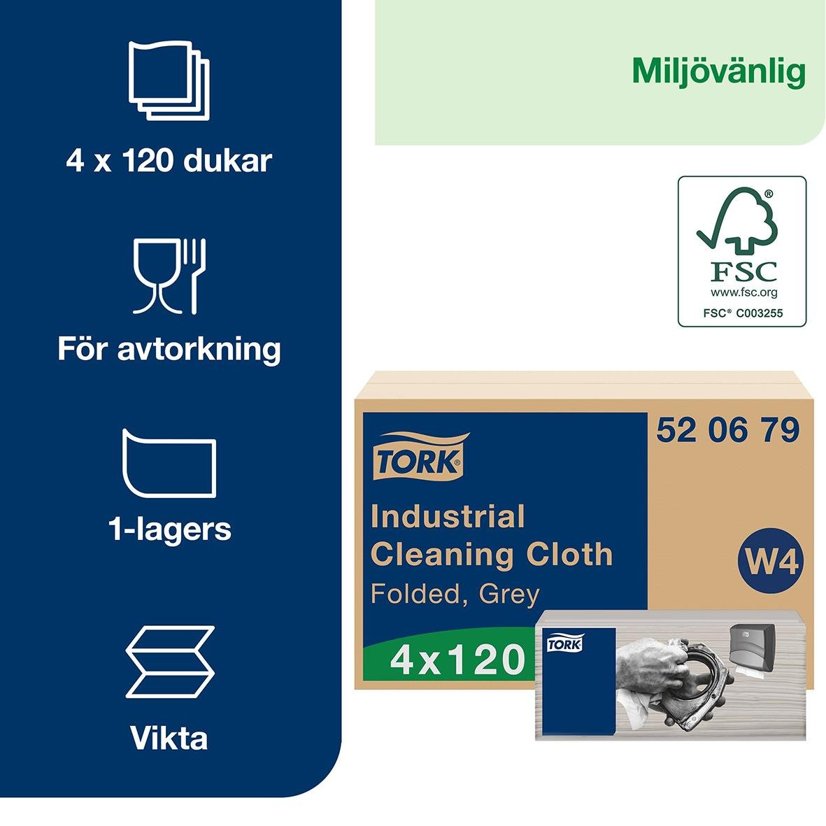 Rengöringsduk Tork W4 Flexibel Grå 35,5x41,5cm, för industriell rengöring, 4x120 dukar, miljövänlig, FSC-certifierad