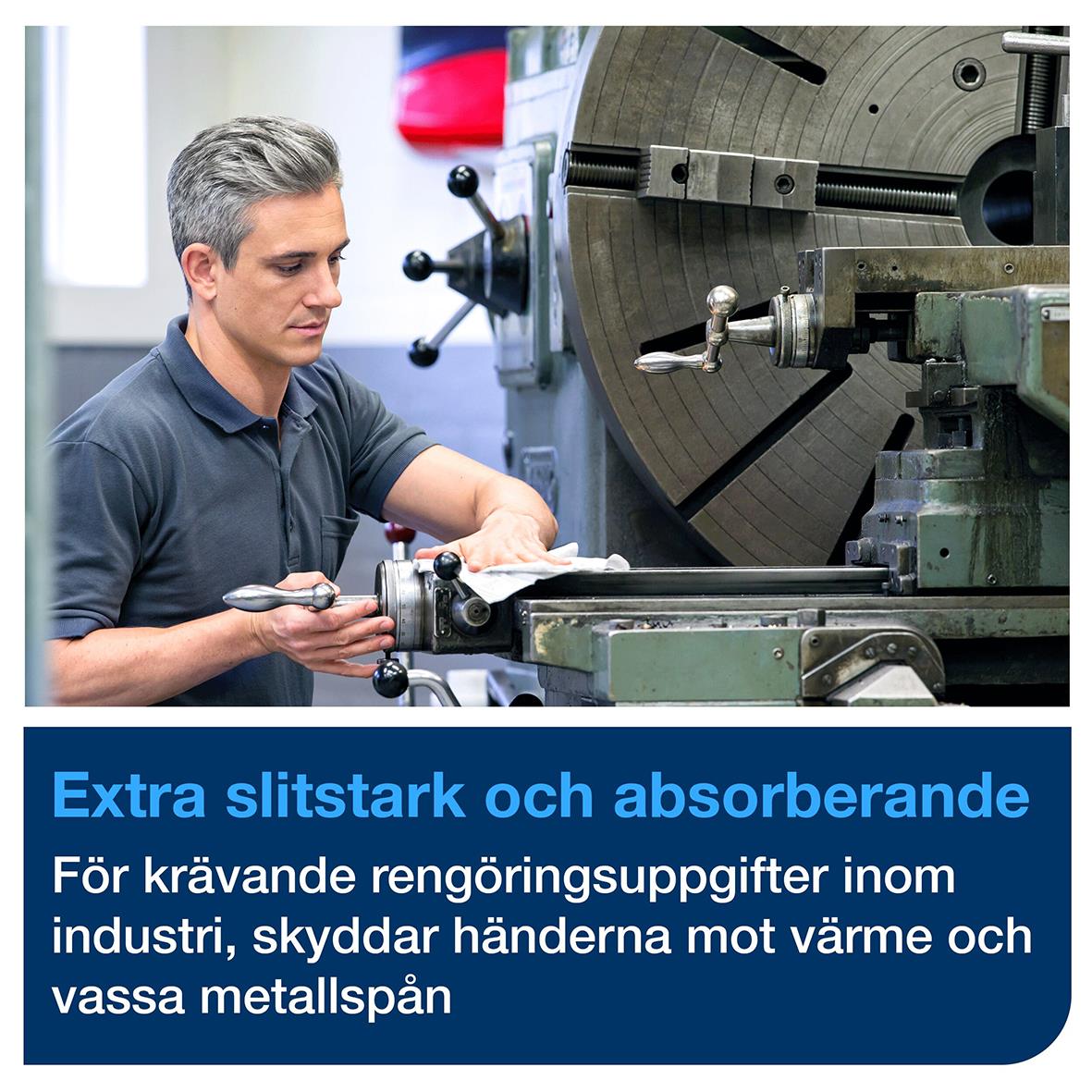 Man använder en rengöringsduk på en industriell maskin för kraftig rengöring och skydd av händer mot värme och metallspån