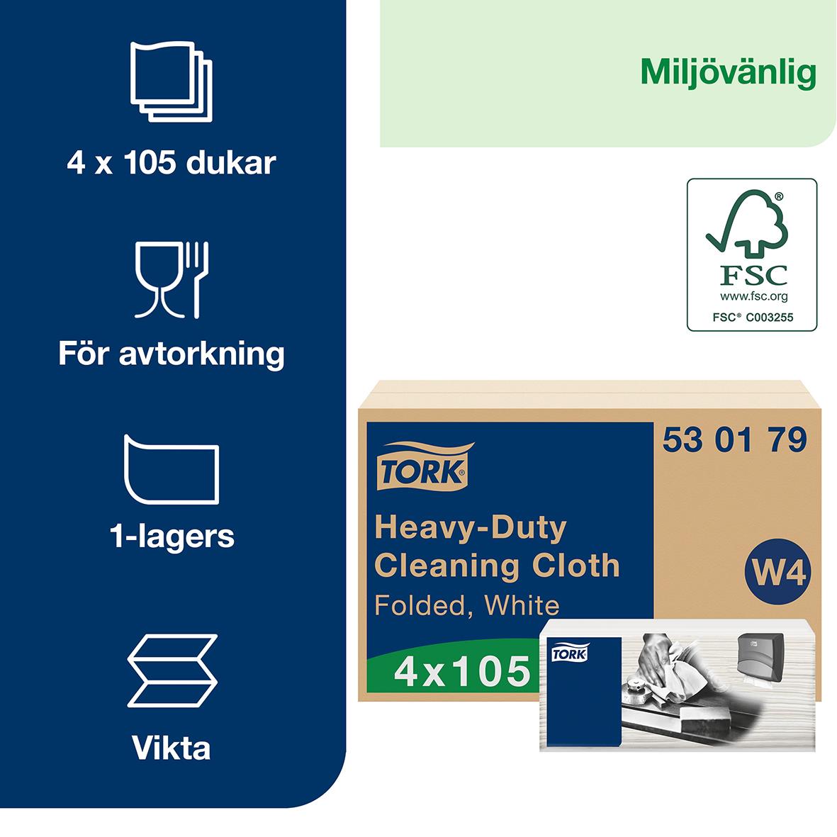 Rengöringsduk Tork W4 Kraftig Vit 35,5x41,5cm för avtorkning, 4x105 ark, miljövänlig, i förpackning