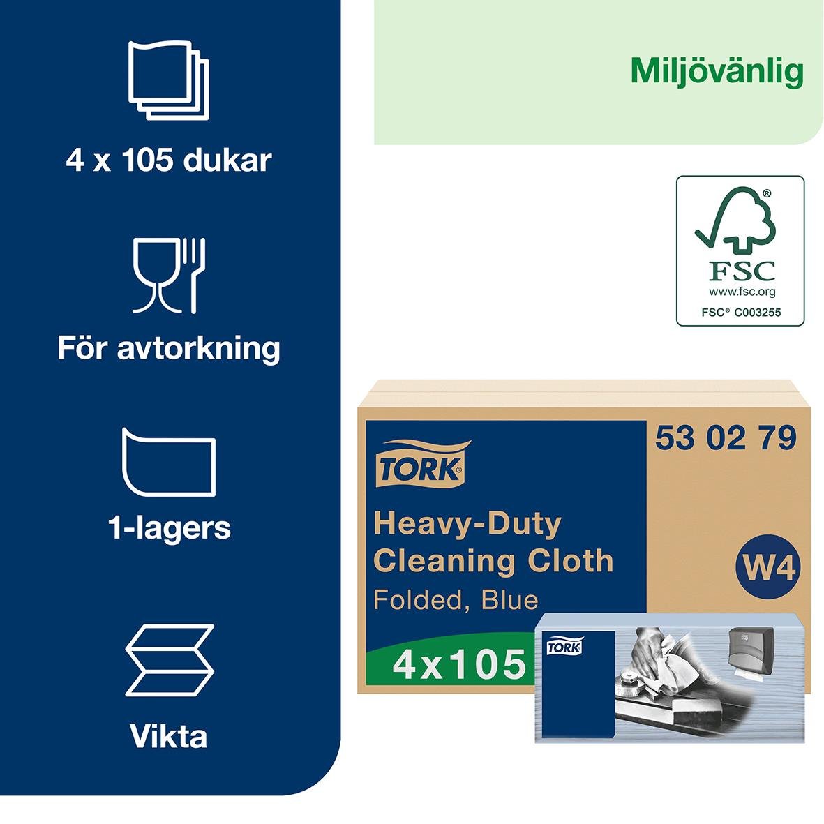 Blå rengöringsduk Tork W4 Kraftig, 35,5x41,5cm, för avtorkning, 4 paket med 105 dukar, miljövänlig, FSC-märkt