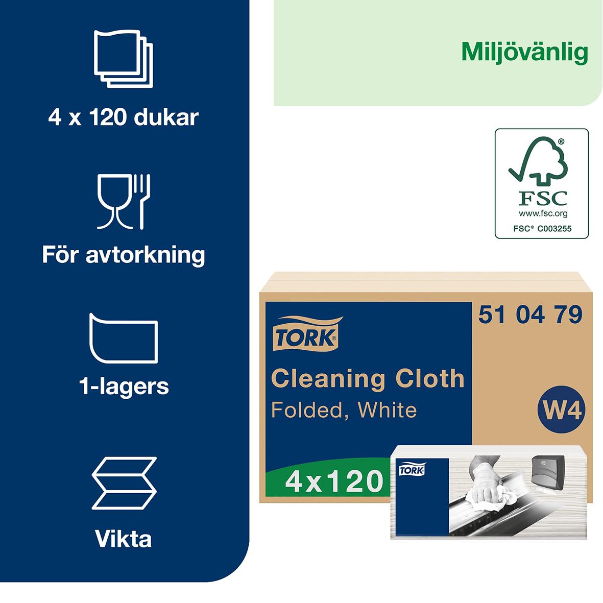 Rengöringsduk Tork W4 Mjuk Vit 35,5x41,5cm, för avtorkning, 4x120 dukar, miljövänlig, 1-lagers, vikt
