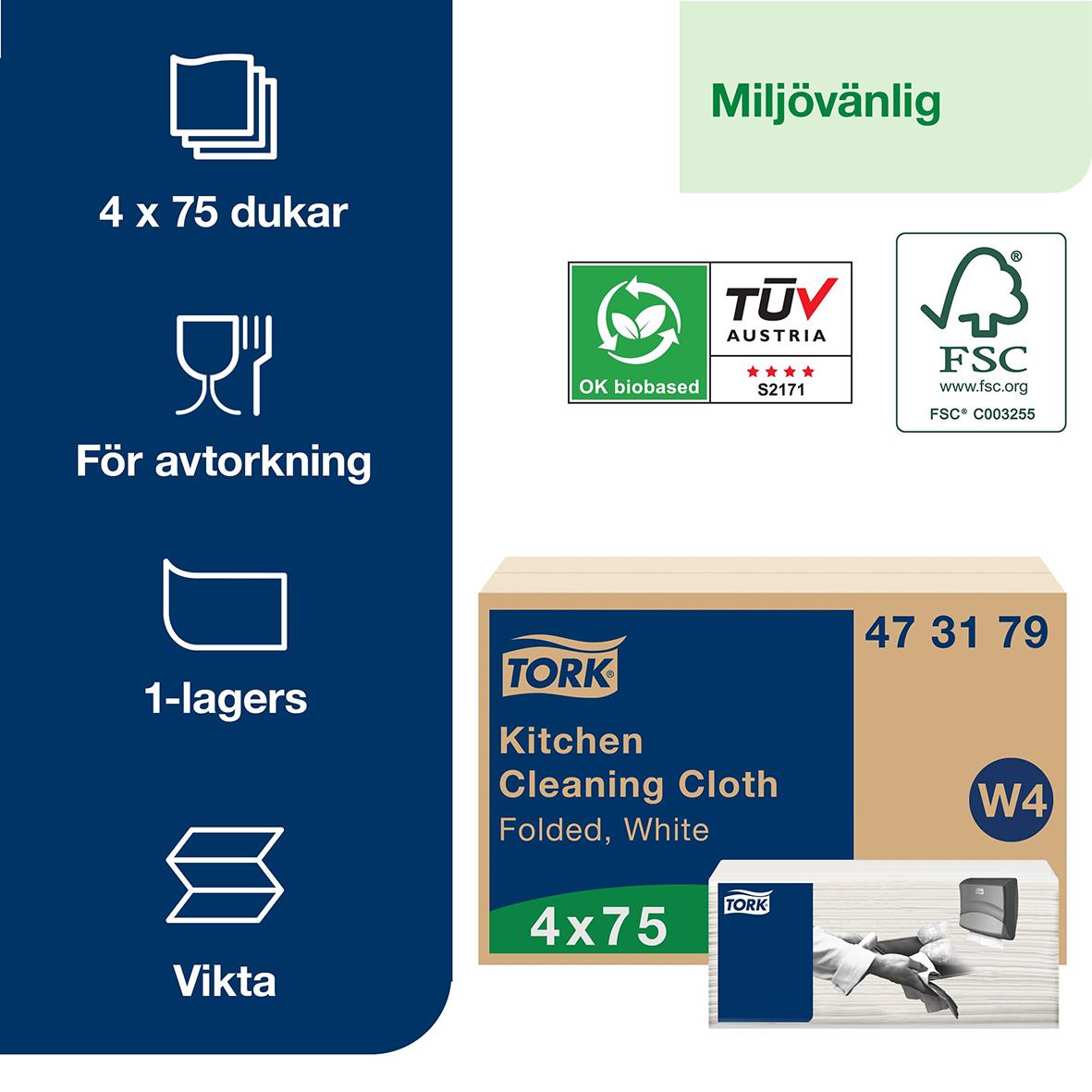 Vit rengöringsduk för kök, 35,5x41,5cm, 4-pack, miljövänlig, för avtorkning, vikt, 1-lagers, Tork W4