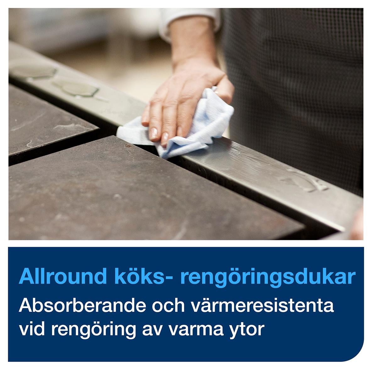 Person som torkar en köksbänk med en vit rengöringsduk