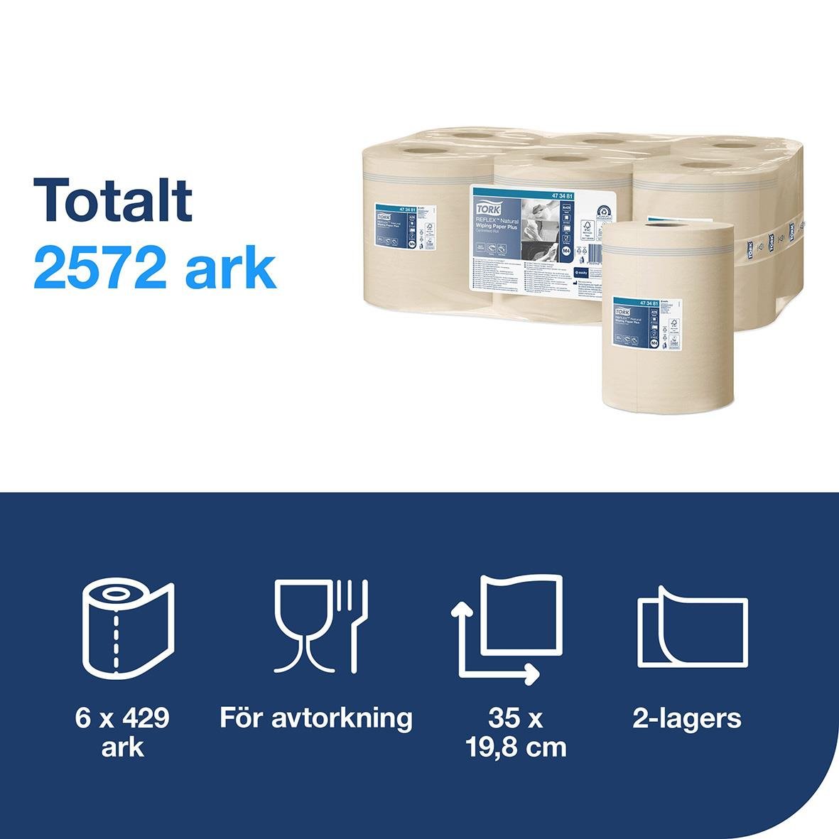 Torkrulle Tork M4 Reflex Plus 1-lag Natur 198mmx150m, 6 paket, för avtorkning, 2-lagers, 35x19,8 cm
